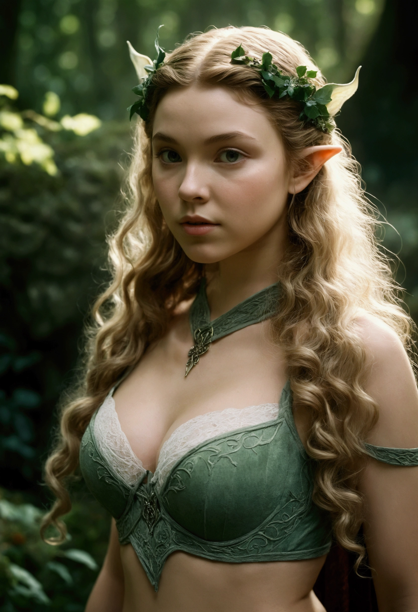analog film photo, photo of an elven maiden, 18 years old, elf ears, long wavy curls, Amazonian stature, toned hourglass figure, busty , narrow waist, full wide , big plump , wearing a lacey bra and a lacey , resembles Margaery Tyrell, strolling along a fantasy landscape, RAW Photograph, dslr, soft lighting, high quality, film grain, Fujifilm XT3, detailed skin with visible pores, insane details, masterpiece, 8k, 35mm photograph, dslr, kodachrome, faded film, desaturated, grainy, vintage, Lomography, stained, highly detailed, found footage, close-up shot, elven ears