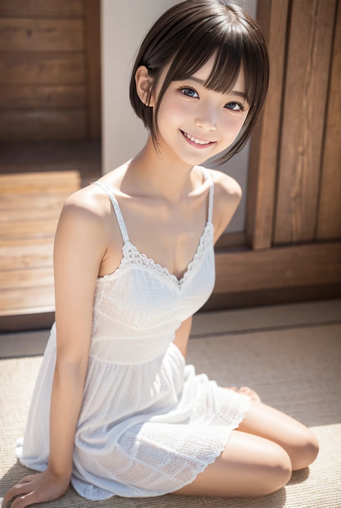 A slim who is a model for a Japanese idol magazine、Sitting on the floor wearing a whiteベアトップ summer dress. High resolution, masterpiece, accurate, Anatomically correct, Winner of numerous awards, 最高quality, High detail, High-resolution model, 高quality, quality, Very detailed, Textured skin, Ultra high definition, Shortcuts, smile, Barrette, 8k octane, 3D Rendering,