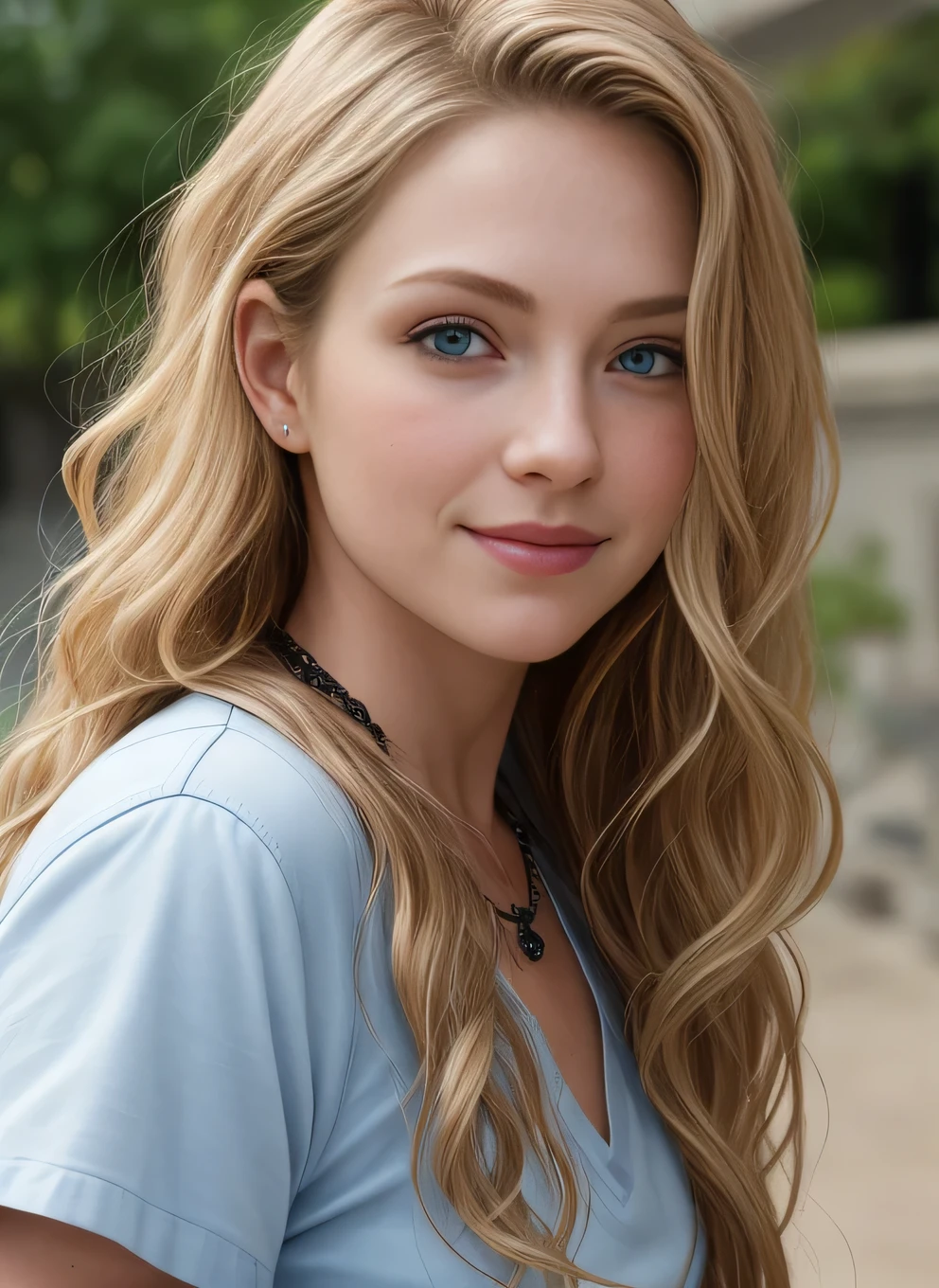 masutepiece, Realistic, Detailed eyes, Beautiful, Looking at the viewer, Natural lighting, depth of fields, Film grain, Wrinkled skin, 24 year old, Female, Solo, long wavy blonde hair, Blue eyes, Black, Formal shirts, t-shirt, a necklace、 Smile, Lips, Upper body, Portrait, Front view, exterior