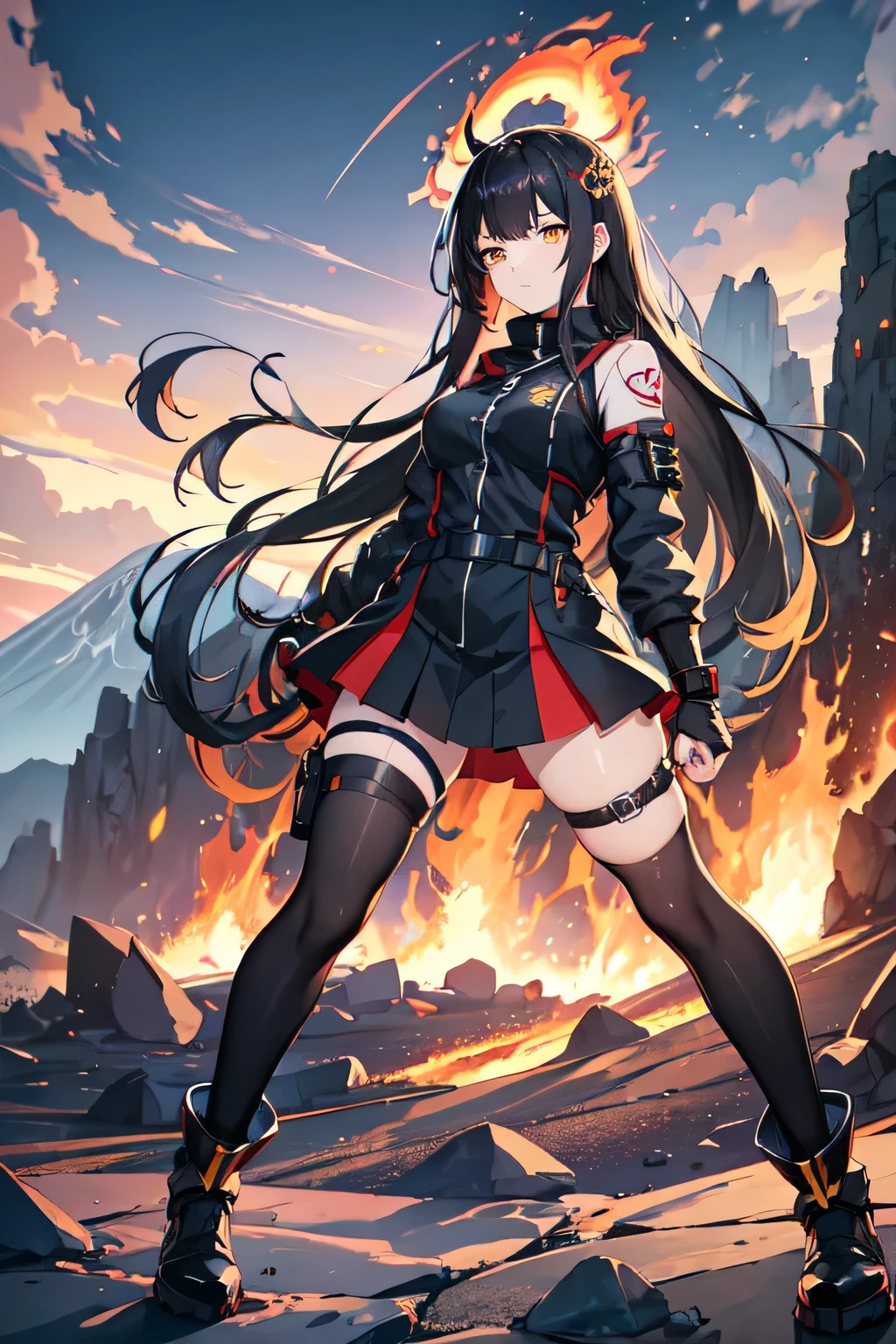 anime girl with black hair and yellow eyes in front of a volcano, fire!! full body, badass anime 8 k, anime moe artstyle, from girls frontline, ayaka genshin impact, female action anime girl, anime style 4 k, firey, (fire), by Yang J, badass pose, trending on artstation pixiv, seductive anime girl