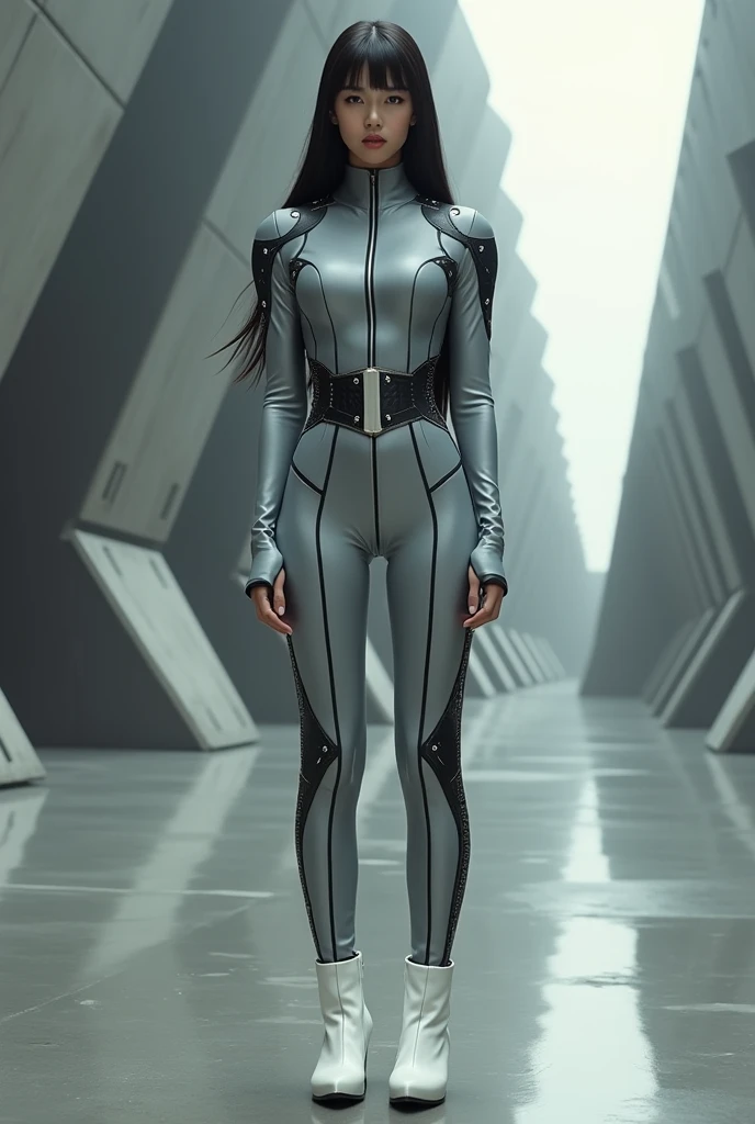 A beautiful Japanese girl wearing a gray suit, Wearing a tight suit, A beautiful Japanese woman wearing a futuristic gray suit, 滑らかなgreyタイトな服のスーツ, greyレオタードを着て, White stitching、Star Wars Wind, Female Stormtrooper, Full Body Shot, full body, The tight-fitting suit, grey、Black pattern、(The waist design is black leather)、Black Belt、Black full harness:1.5、Long legs、White boots、The suit has large white detailed zippers.、Get angry、