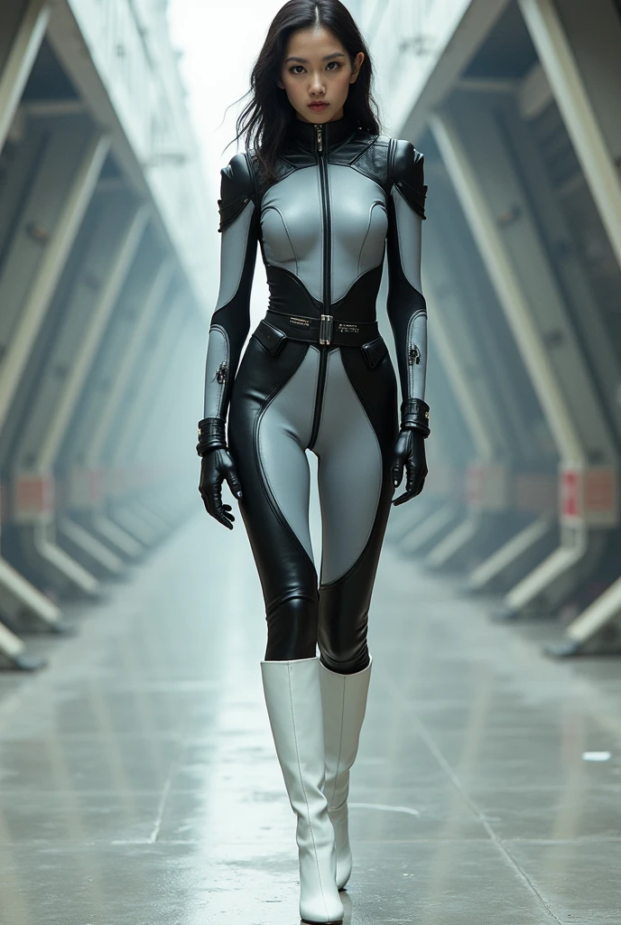 A beautiful Japanese girl wearing a gray suit, Wearing a tight suit, A beautiful Japanese woman wearing a futuristic gray suit, 滑らかなgreyタイトな服のスーツ, greyレオタードを着て, White stitching、Star Wars Wind, Female Stormtrooper, Full Body Shot, full body, The tight-fitting suit, grey、Black pattern、(The waist design is black leather)、Black Belt、Black full harness:1.5、Long legs、White boots、The suit has large white detailed zippers.、Get angry、