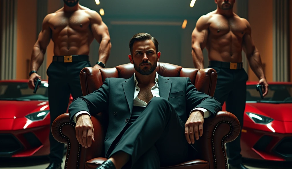 Design a striking poster with a focus on dramatic elements:Center: A young, strong Mafia Boss sits confidently on an elegant chair. He has a slight beard and an air of unshakeable confidence. His posture and expression should convey power and authority.Behind him: Strong, imposing guards stand closely, each holding a gun, emphasizing their role as his protective force.Background: Expensive luxury cars are parked behind the guards, highlighting the opulence and power associated with the Mafia Boss.Ensure the overall tone is intense and commanding, reflecting the Mafia Boss's strength and the security of his empire.