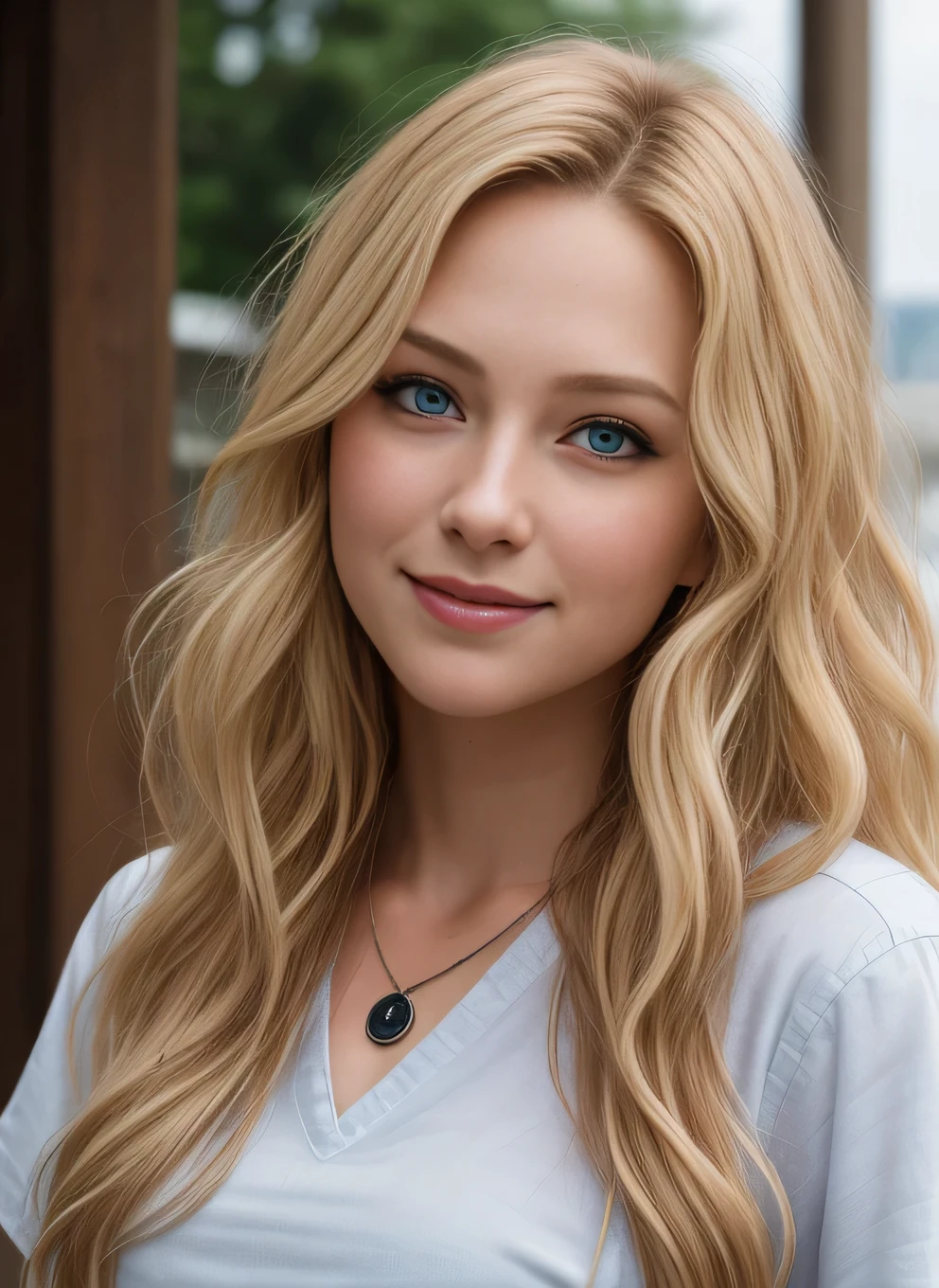 masutepiece, Realistic, Detailed eyes, Beautiful, Looking at the viewer, Natural lighting, depth of fields, Film grain, Wrinkled skin, 24 year old, Female, Solo, long wavy blonde hair, Blue eyes, Black, Formal shirts, t-shirt, a necklace、 Smile, Lips, Upper body, Portrait, Front view, exterior