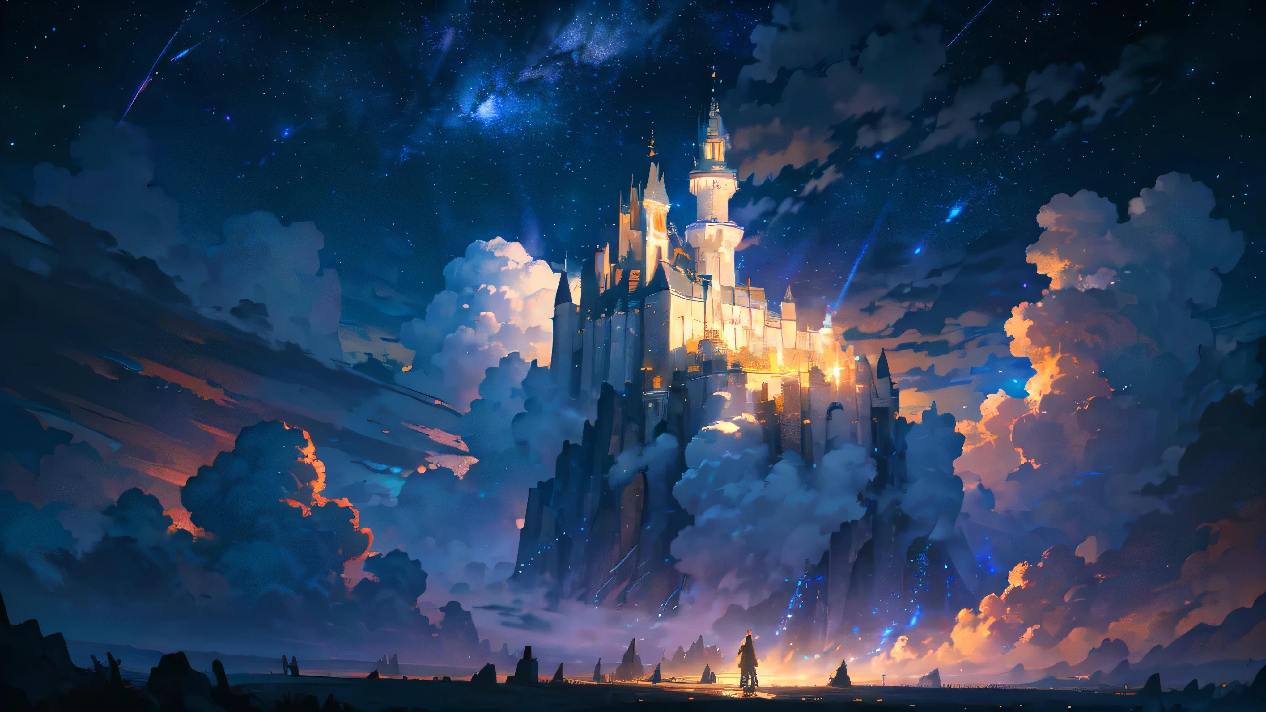 masterpiece, Best Quality, (everyday life in the cloud kingdom:1.1), dark and moody lighting, evening, evening sky, starry sky, star \(sky\), shine, shimmering, light particles