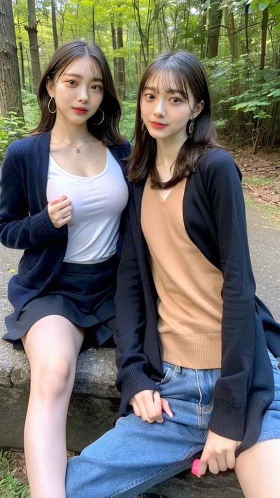 ((High-definition images, masterpiece, atmospheric perspective, 8k, Super detailed, Accurate, highest quality)), (((Cute Western woman masturbating))), (casual style), Jacket, unbuttoned shirt, swollen areole, (round face, realistic size of eyes, droopy eyes, blush, smile), (((stand and spread your legs, focus on pubic hair))), (in the forest, Mountain, rock, Narrow River, At night), blonde braided hair, small earrings, thin necklace, (light makeup), 
(((cloned face)))
(((similar identical twins)))
All the girls have the exact same face, The two have the same face and figure, as if they were mirror images