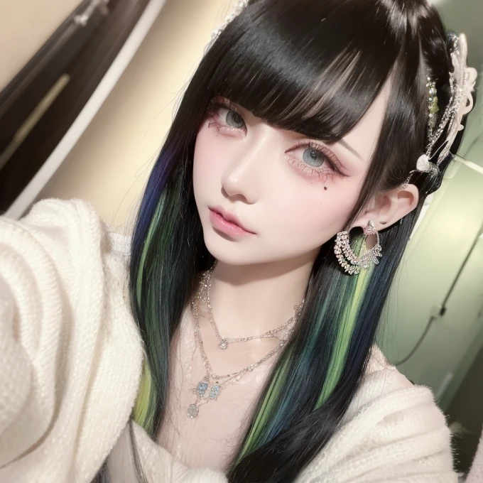 Dark-haired、A black、Bob Hairstyle、齐Bangs、(((Dark-haired))),Glasses、sunglasses、perforation、forehead、齐Bangs、Eyebrows visible、Bikini、Gothic_punk, 1 Girl, solo, Medium shot, Strolling through Harajuku, ((at night)), Bokeh, Neon lights, iridescent eyes, Starry Sky, White shiny hair, White eyebrows, Shiny hair, (Rainbow-colored white hair), Earrings and Nipple Rings, Bangs, Jewel-like, mask, 钝Bangs, Green Eyes, Face mask, Vague的背景, Vague, Hair accessories, Look at the audience, short hair, Portraiture, Side lock