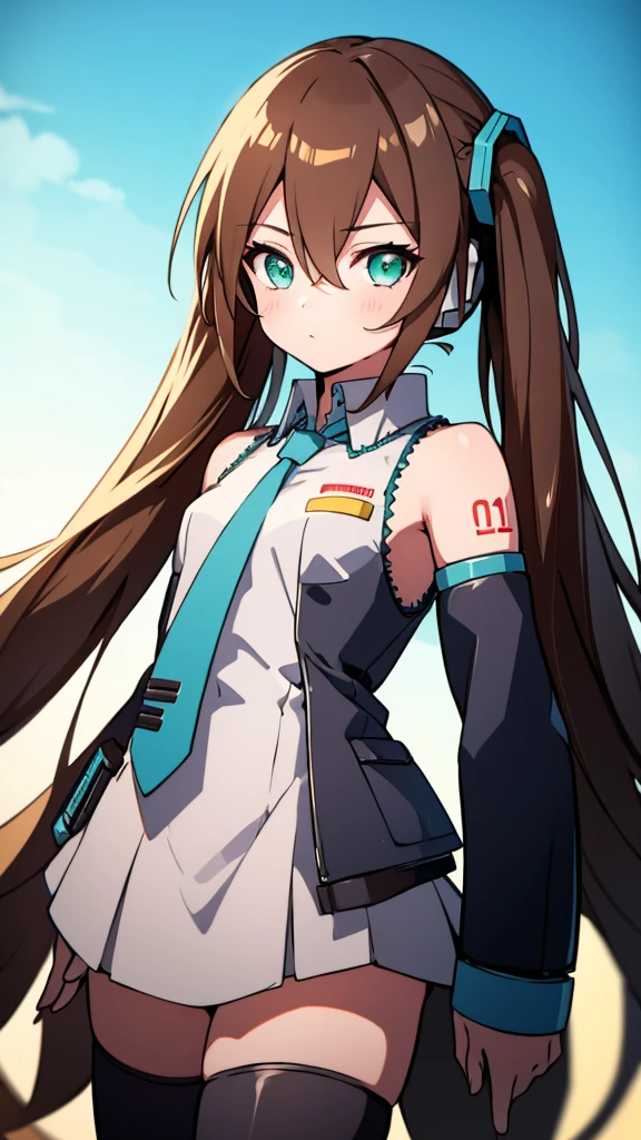 Aile_Megmanzx , 1girl, Long hair,  Green eyes, Brown hair, Hatsune Miku Cosplay