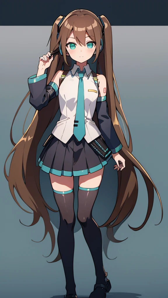 Aile_Megmanzx , 1girl, Long hair,  Green eyes, Brown hair, Hatsune Miku Cosplay