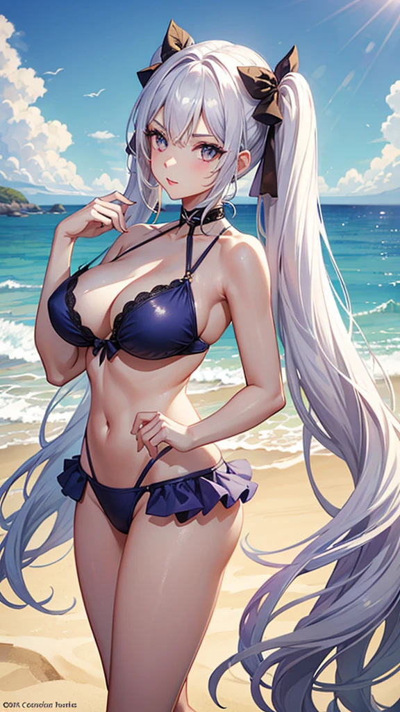 Pose: 1_girl, solo, best quality, masterpiece, short, huge breasts standing with her back to the camera, head turned to look over her shoulder.
Expression: Confident and strong, with a direct gaze or a slight smirk.
Attire: purple triangle bikini.
Hair: white hair,low twintails, thin twintails
Makeup: Bold and modern, with emphasis on strong eyes or bold lips to match the confident pose.
Background: A stylish beach backdrop that highlights the pose.
Lighting: bright sun lights at the beach
Mood: Bold, fashionable, and empowered