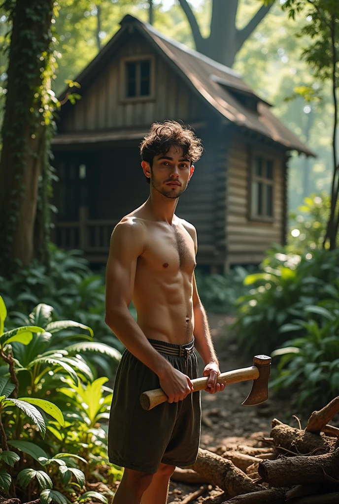 handsome young man, beautiful face, white skin, soft, skinny, short hair, shirtless, in a jungle cutting firewood with an axe, in the middle of the jungle behind him a house