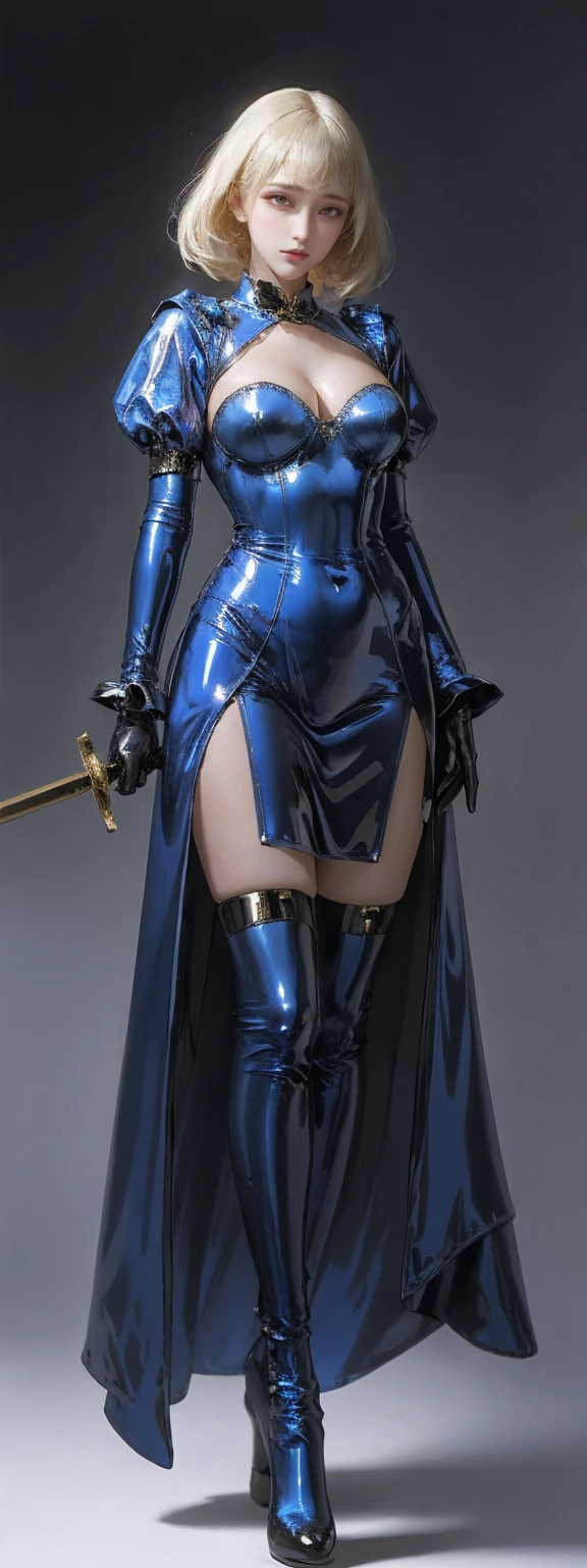 Portraiture、(masterpiece,Highest quality,Ultra-high resolution),Japanese women, (((Very beautiful 25 year old girl))),(Bright blue latex maid outfit)、((Bright blue latex long skirt))、(A bright blue long-sleeved latex shirt covering the upper body)、Bright blue latex gloves、Bright blue latex socks、Bright blue latex bodysuit、Frills、The clothes fit snugly to the body、Latex is very shiny、Dark Room、