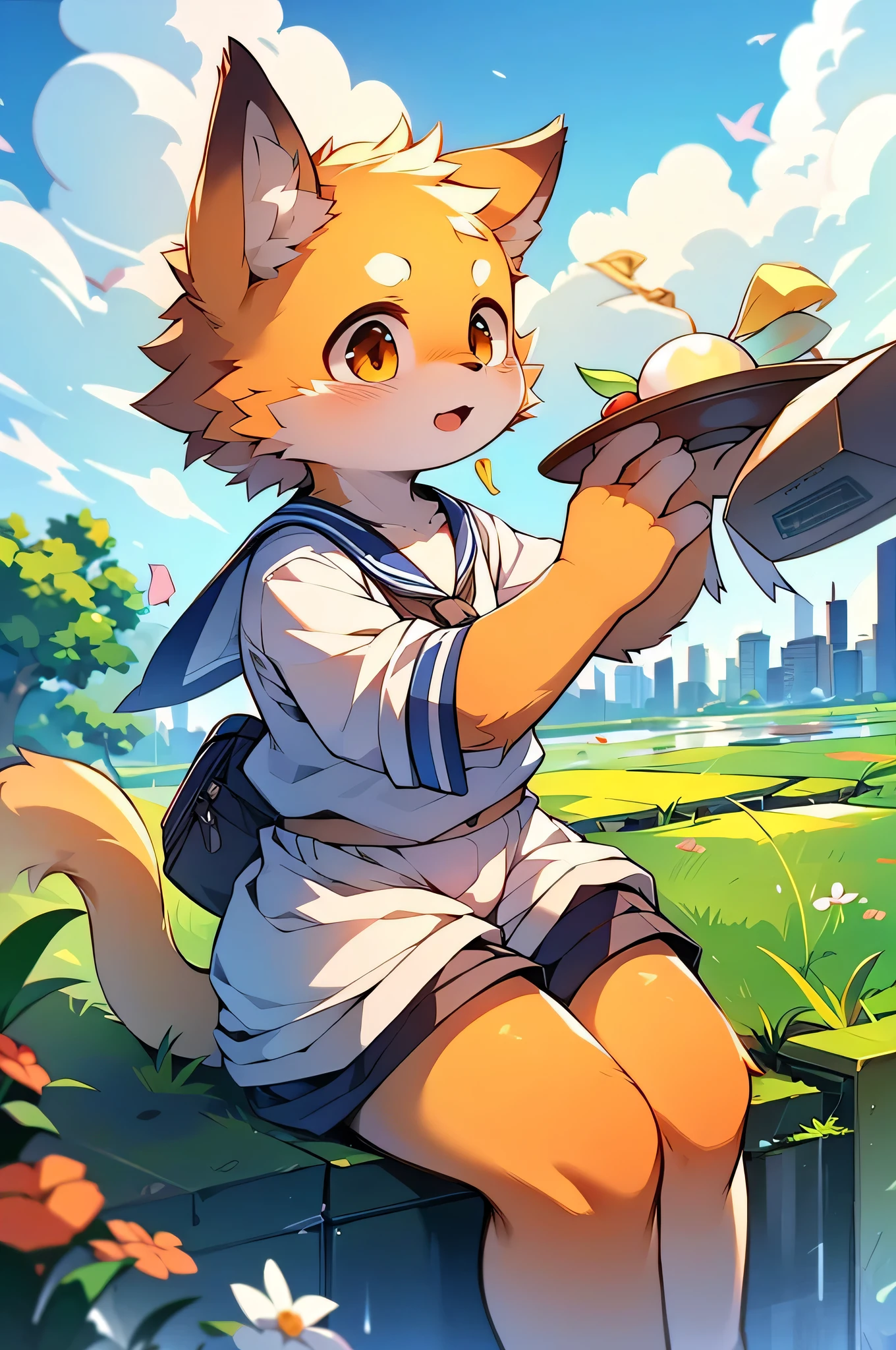 超High resolution,Awards,Highest quality,super high quality, Very detailed,High resolution,4K,animeのかわいいアートスタイル,Rice field scenery,anime,alone,single,male,Orange fur,Cat,Orange Face,Orange ears,retina,Accurate,masterpiece,Eye-level shot,Sailor suit,,Anatomically correct,(expensive),expensive,Cute Face,City,Awards,