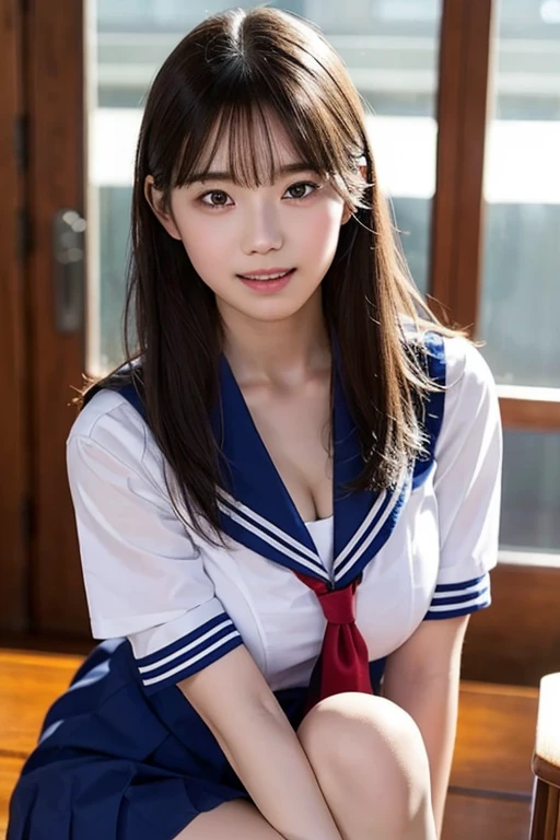 bangs,(Large Breasts:1.2),(Highest quality,masterpiece:1.2),One person,One person,alone,Fair skin,8k,Ultra-high resolution,Super detailed,Highest quality,View your viewers,Perfect lighting,flat light,super high quality,Ultra-high resolution,masterpiece,Realistic,Detailed face,Perfect Anatomy,School,school uniform、Various gravure poses、Slender body、Young face、smile、Sweating、Flushed Cheeks、whole body、Please wear a uniform.、Please show less skin.、Beautiful feet、Sailor suit