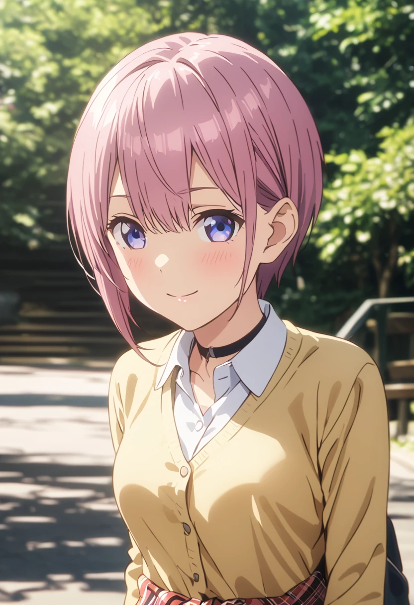 (Highest quality, 4K, 8k, High resolution, masterpiece:1.2), Very detailed, Picturesque, Anime style photo, Photo Anime:1.37)、Japanese、(Pink pixie cut)、smile、school uniform、white shirt、navy jacket、Yellow-green checkered skirt、A yellow cardigan tied around her waist、Black choker、whole body、Nakano Ichika