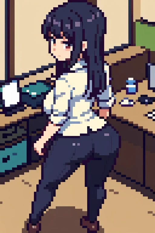 Japanese woman, big ass, wearing full office suit (4k) (detailed), in a office, full body image (Model pose)
