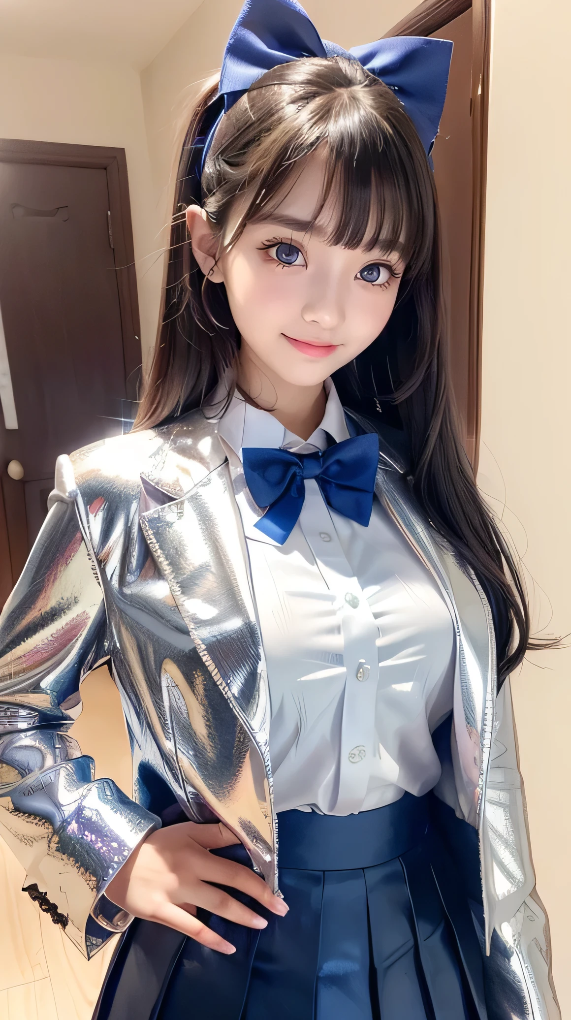 (Very beautiful  cute girl), (very  cute face:1.2),13 yo, (sparking crystal clear attractive large eyes), Beautiful eyes, Detailed double eyelids, (smiling), (realistic photograph:1.2), long straight hair,white blouse,
(Super Shiny metallic dark blue blazer and pleated skirt :1.2),school uniform,
(super reflective surface uniform:1),pink ribbon bow tie