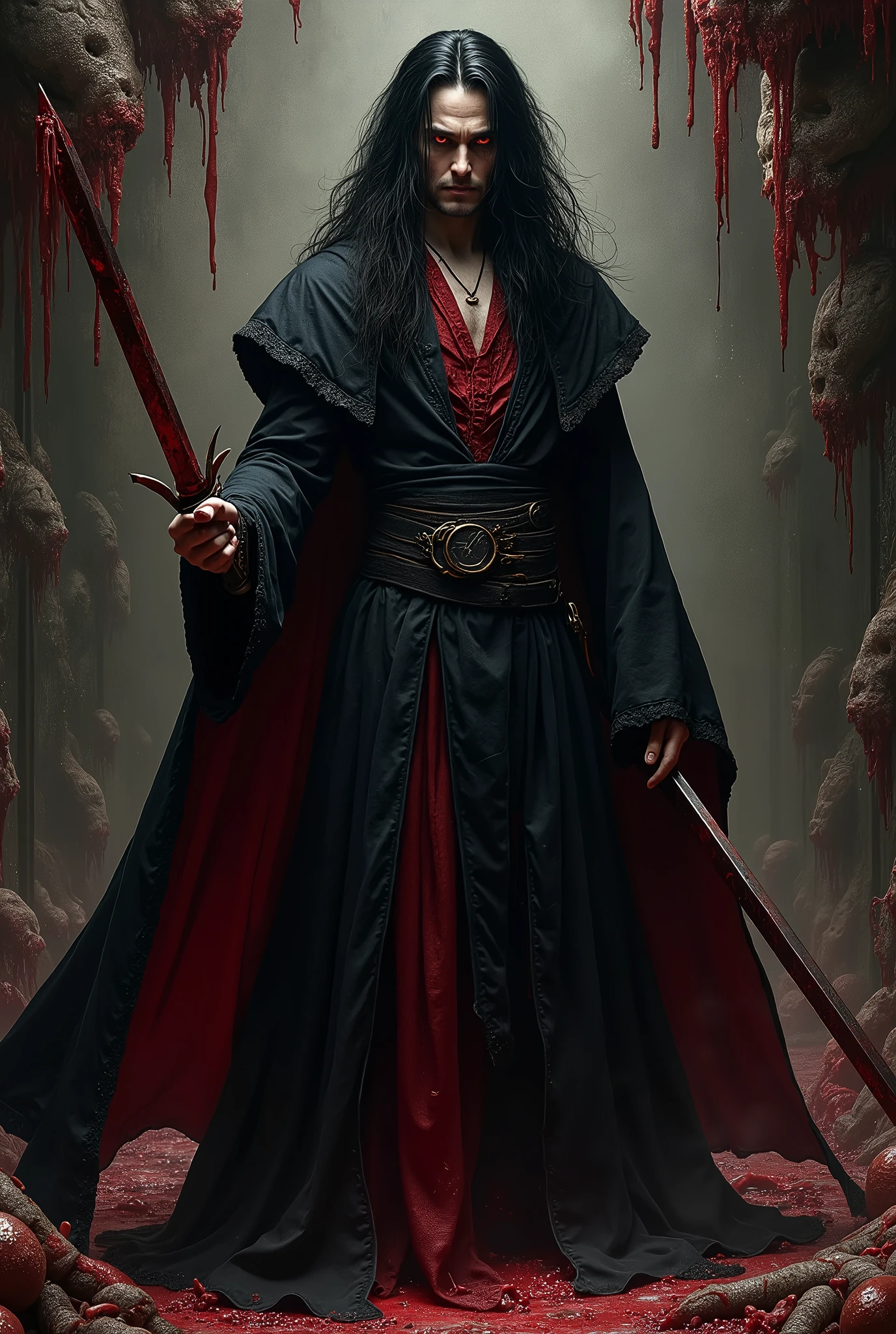 Master piece, highest quality, Create an elder of a demonic sect. The character looks like he is in his late twenties or early thirties. He is handsome. He has black shoulder-length shaggy hair. He holds a one-handed sword that is dripping with blood in his right hand. His outer robe is black and the inner robe is dark red. no beard His eyes are dark red. Detailed face. Red robe. The character is absolutely insane and evil, and you are free to depict him that way. The background is a pitch black wall covered in unnatural amounts of flesh, brainmatter, and blood.