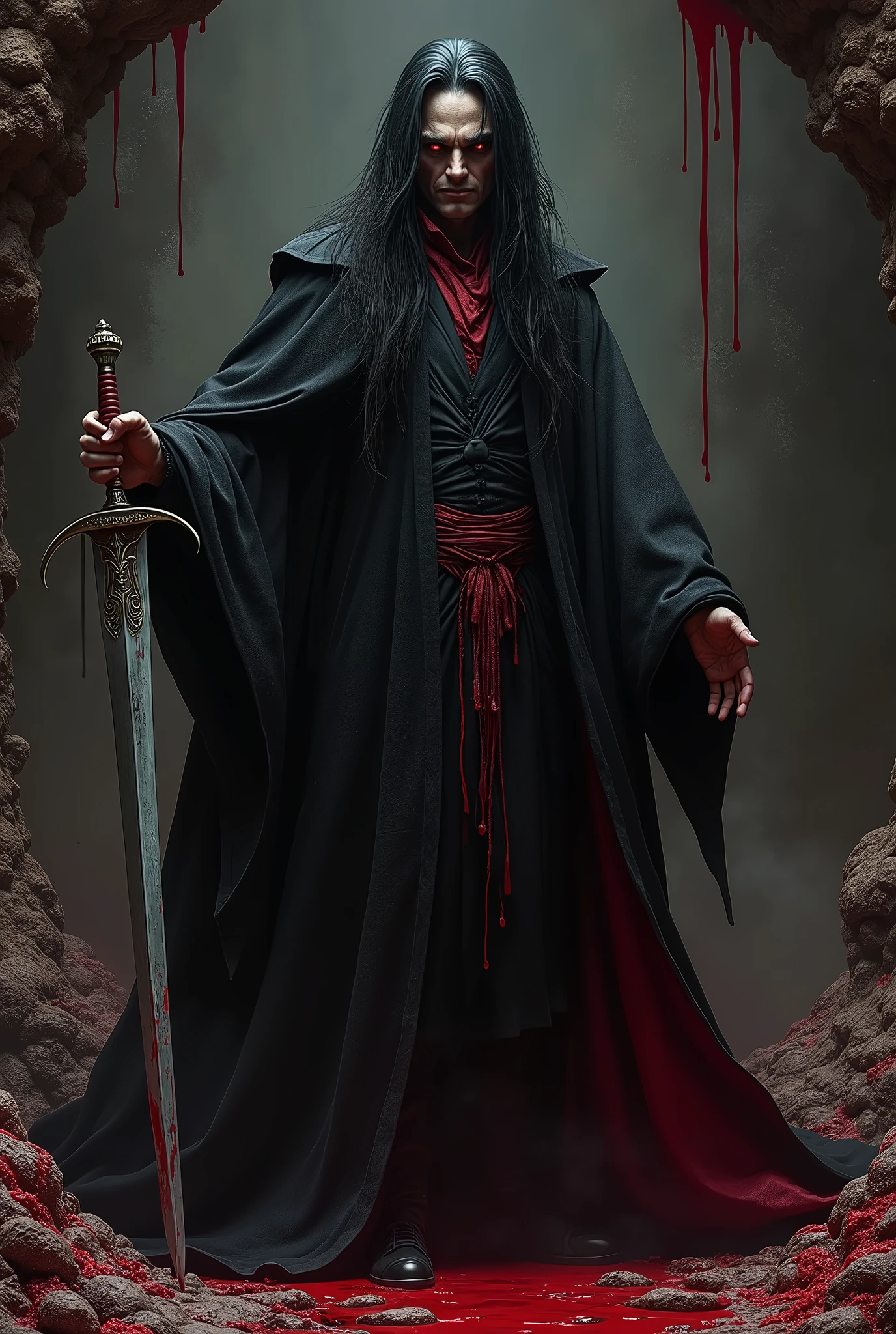 Master piece, highest quality, Create an elder of a demonic sect. The character looks like he is in his late twenties or early thirties. He is handsome. He has black shoulder-length shaggy hair. He holds a one-handed sword that is dripping with blood in his right hand. His outer robe is black and the inner robe is dark red. no beard His eyes are dark red. Detailed face. Red robe. The character is absolutely insane and evil, and you are free to depict him that way. The background is a pitch black wall covered in unnatural amounts of flesh, brainmatter, and blood.