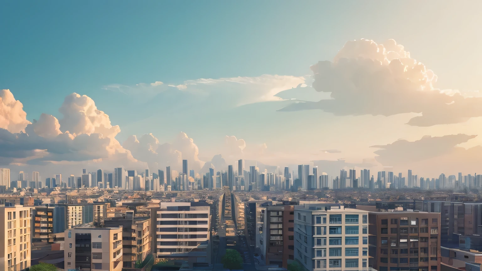 An off-white sky, A cluster of buildings can be seen in the distance, An illustration, lo-fiAn illustration, An illustration,