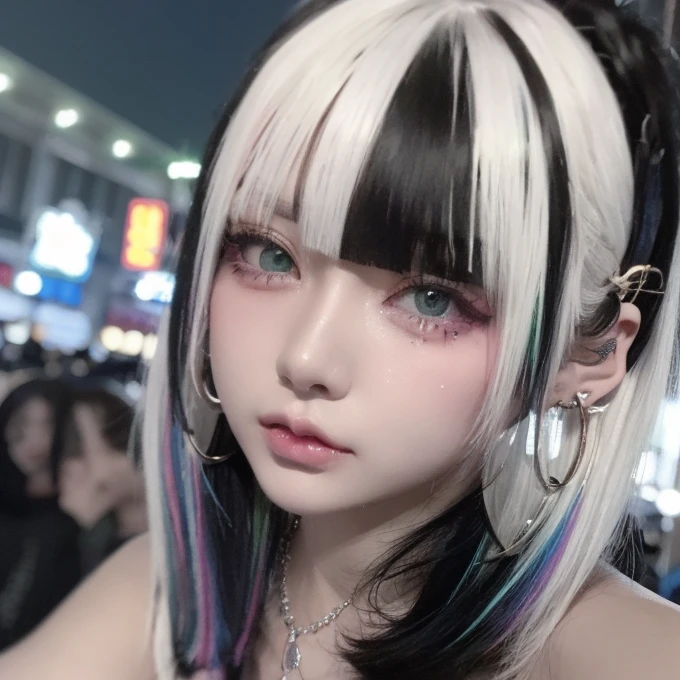 Dark-haired、A black、Bob Hairstyle、齐Bangs、(((Dark-haired))),Glasses、sunglasses、perforation、forehead、齐Bangs、Eyebrows visible、Bikini、Gothic_punk, 1 Girl, solo, Medium shot, Strolling through Harajuku, ((at night)), Bokeh, Neon lights, iridescent eyes, Starry Sky, White shiny hair, White eyebrows, Shiny hair, (Rainbow-colored white hair), Earrings and Nipple Rings, Bangs, Jewel-like, mask, 钝Bangs, Green Eyes, Face mask, Vague的背景, Vague, Hair accessories, Look at the audience, short hair, Portraiture, Side lock