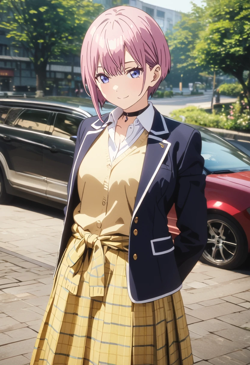 (Highest quality, 4K, 8k, High resolution, masterpiece:1.2), Very detailed, Picturesque, Anime style photo, Photo Anime:1.37)、Japanese、(Pink pixie cut)、smile、school uniform、white shirt、navy jacket、Yellow-green checkered skirt、A yellow cardigan tied around her waist、Black choker、whole body、Nakano Ichika
