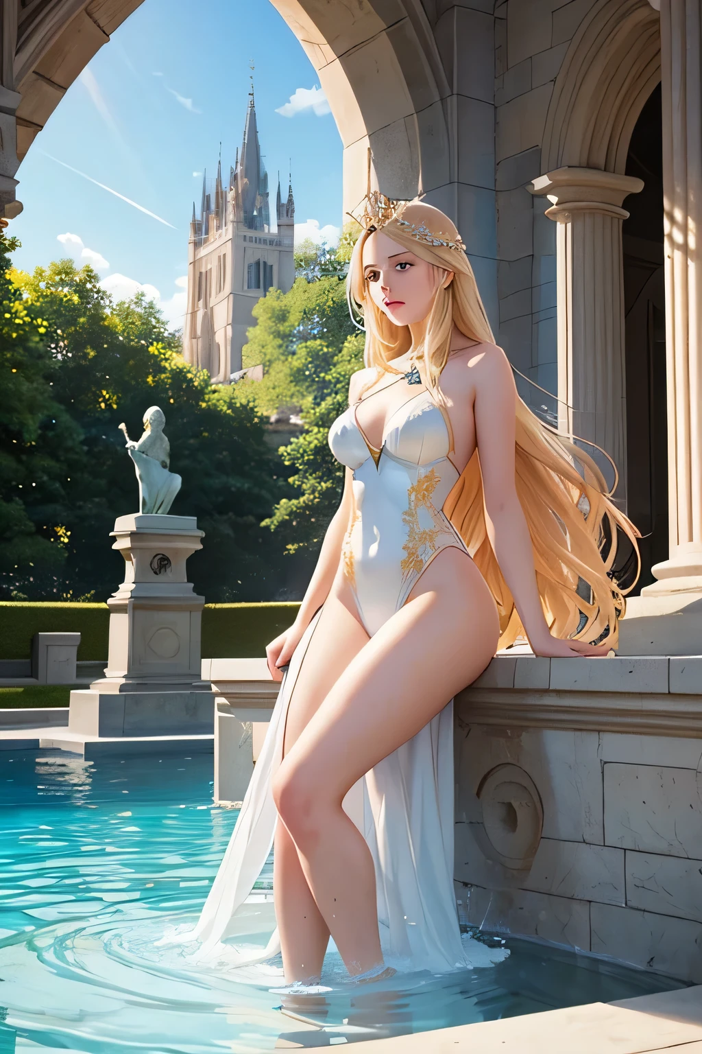 "In the grand courtyard of Albion's royal palace, Eleanor of Albion, a stunning princess with long blonde hair, swims gracefully in a crystal-clear pool. The pool is surrounded by gothic stone arches and lush greenery, reflecting the medieval architecture of Albion. Eleanor wears an elegant, white one-piece swimsuit adorned with gold embroidery that reflects the kingdom's noble heritage. The midday sun shines brightly, casting a warm glow over the scene and making the water sparkle like diamonds. Eleanor’s movements are fluid and graceful, embodying the regal poise expected of Albion’s royalty. The surrounding statues and stone carvings add to the sense of timeless beauty and sophistication."