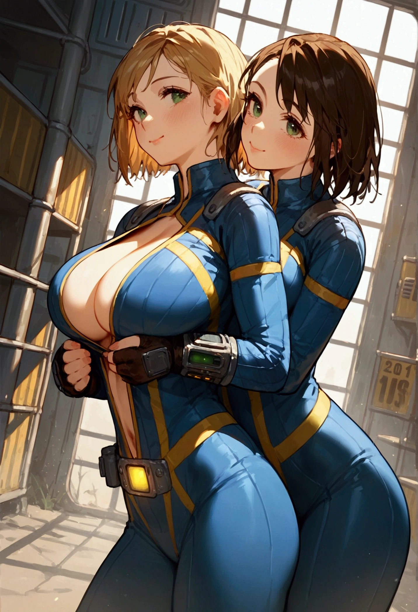 detailed illustration, (front view), (side view),dynamic angle, ultra-detailed, illustration, clean line art, shading, anime, detailed eyes, detailed face, beautiful face, dramatic lighting, detailed illustration, dynamic angle, ultra-detailed, illustration, (multiple woman: 1.8), masterpiece, masterwork, beautiful,

score_9, score_8_up, , female, score_9, score_8_up, score_7_up, score_6_up, score_5_up, score_4_up, BREAK, multiple women, big breasts, breasts, score_9, score_8_up, score_7_up, vault_girl, cute face, pip boy, bangs, body suit, happy, vault tec, tight fitting suit, deep cleavage, (in a fallout shelter: 1.8), fallout vault, vault, fallout shelter, cowboy shot, multiple women in shot, women friendly with each other, women flirting, inside, no windows,