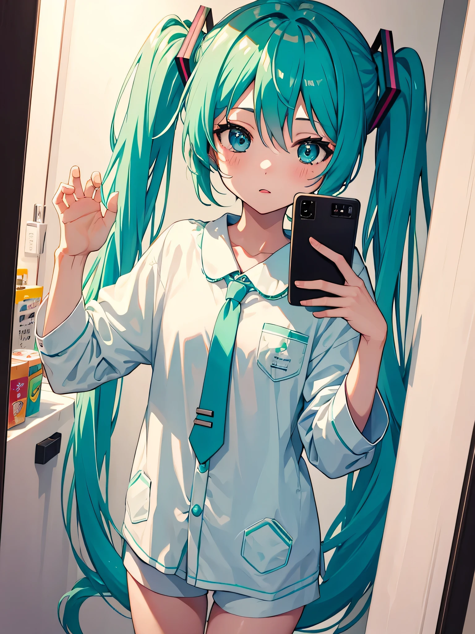 Hatsune Miku taking a selfie, pajamas, phone in her hand, mirror, bathroom at background