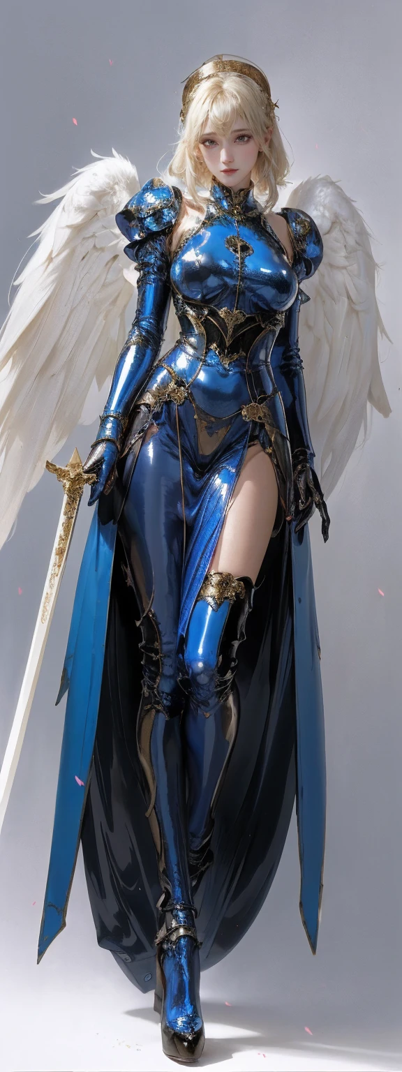 Angel, Portraiture、(masterpiece,Highest quality,Ultra-high resolution),Japanese women, (((Very beautiful 25 year old girl))),(Bright blue latex maid outfit)、((Bright blue latex long skirt))、(A bright blue long-sleeved latex shirt covering the upper body)、Bright blue latex gloves、Bright blue latex socks、Bright blue latex bodysuit、Frills、The clothes fit snugly to the body、Latex is very shiny、Dark Room、