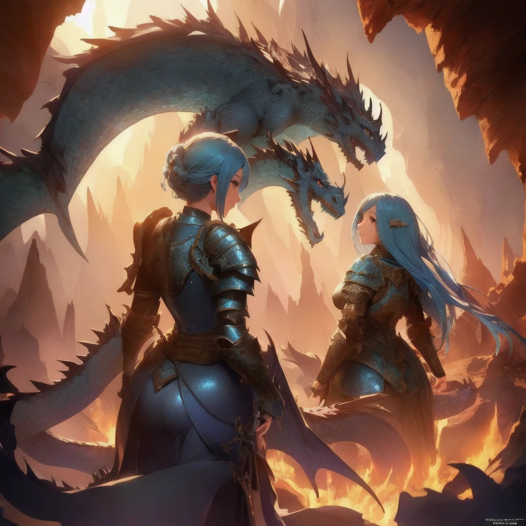 girl from behind, beautifully detailed eyes, beautifully detailed lips, highly detailed eyes and face, long eyelashes, medieval armor, smiling, blue hair, short hair, full body render, back view, atmospheric lighting, detailed foliage, vibrant colors, (highest quality, 4k, 8k, high resolution, masterpiece:1.2), ultra detailed, (realistic, photorealistic, photorealistic:1.37), medieval western, cave with dragon, talking to dragon, complex background, dreamy atmosphere, cinematic lighting,