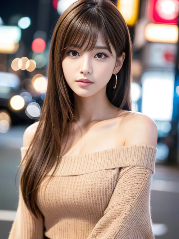 Ultra-high resolution, Superior Quality, Highest quality, Super detailed, Realistic, 8k, RAW Photos, Highest quality, masterpiece, Attractive girl, wonderful, Brown Hair, Shoulder-length layered, Asymmetrical bangs, Japanese Idols, Sophisticated, stylish, Off-the-shoulder tops, Shibuya Ward,