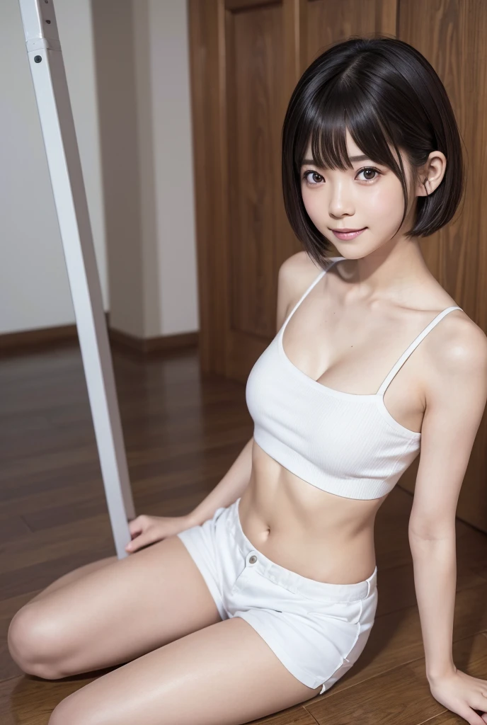 bestquality,detailed,absurdres,1 cute girl,(:1.3),large roundish armond eyes,eyeliner,small nose,(slender,flat chest:1.5),black medium hair,bangs,symmetry,grin smug,bedroom,sexy,white loose camisole,shorts,sitting,(thigh focus:1.4),