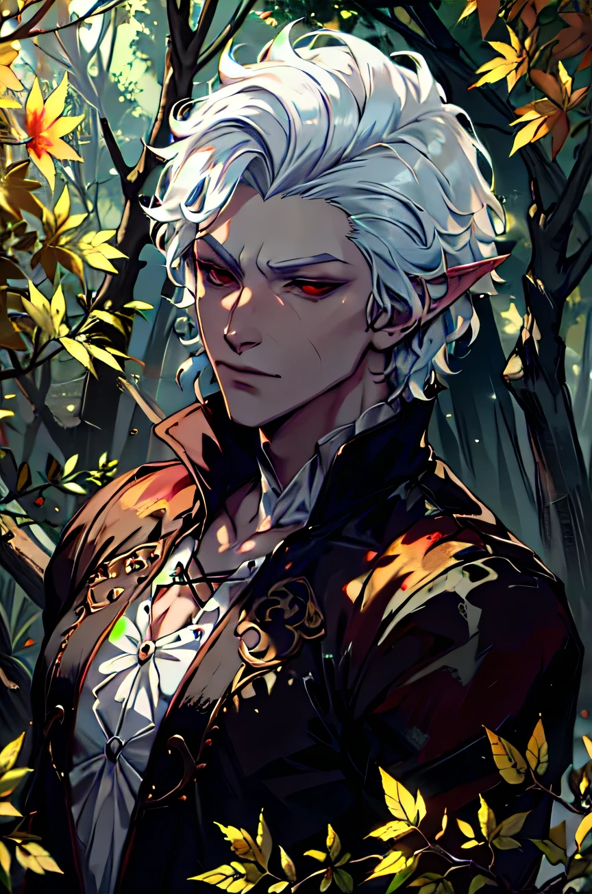 (masterpiece, best quality:1.3), BGAstarion, 1 boy, Solitary, White hair, Red Eyes,vampire，Miserable white skin， Pointed ears, Establishing the shot , Autumn forest, noon, Warm golden sunlight streams through the colorful leaves., Anime style