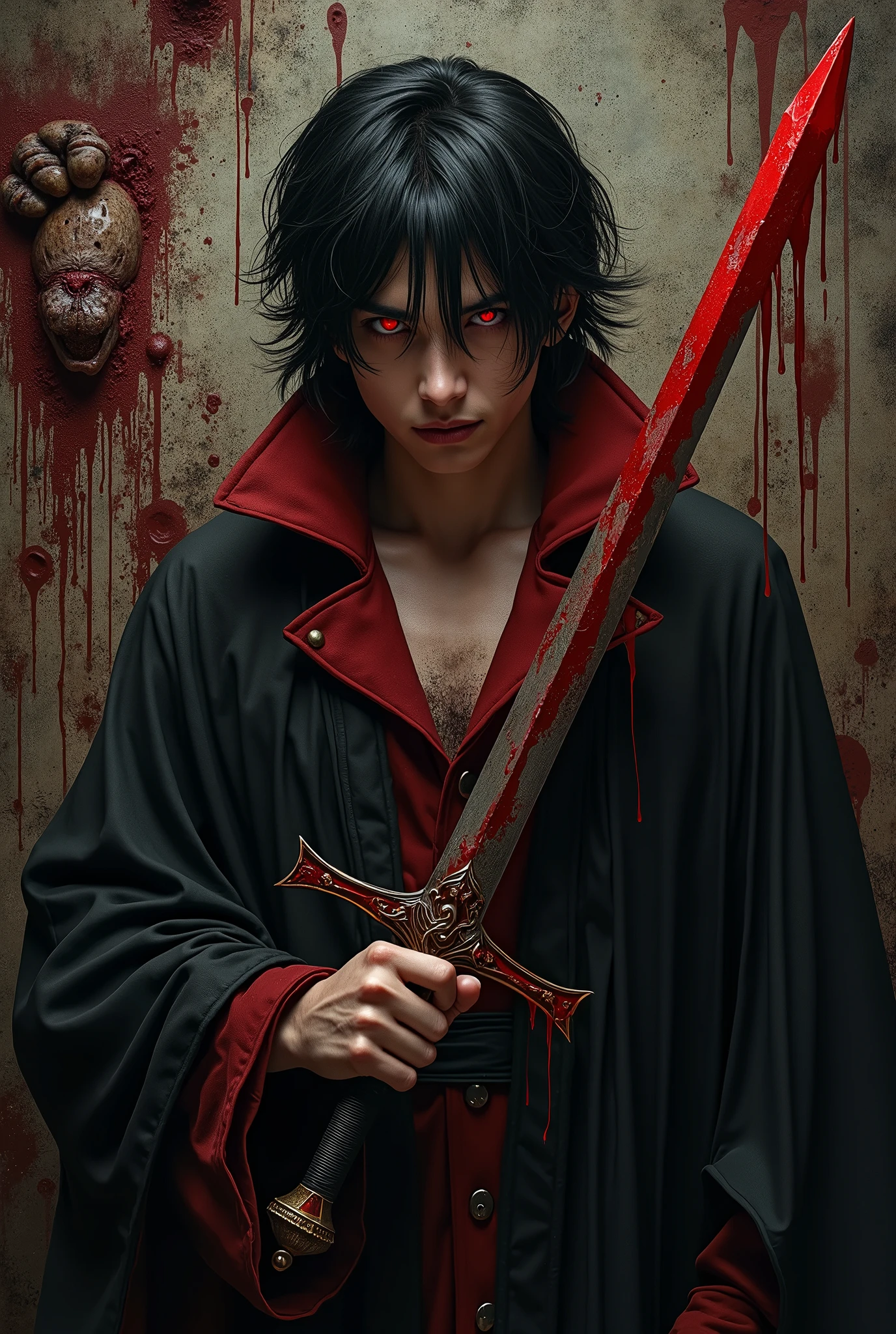Master piece, highest quality, Create an elder of a demonic sect. The character looks like he is in his late twenties or early thirties. He is handsome. He has black shoulder-length shaggy hair. He holds a one-handed sword that is dripping with blood in his right hand. His outer robe is black and the inner robe is dark red. no beard His eyes are dark red. Detailed face. Red robe. The character is absolutely insane and evil, and you are free to depict him that way. The background is a pitch black wall covered in unnatural amounts of flesh, brainmatter, and blood.