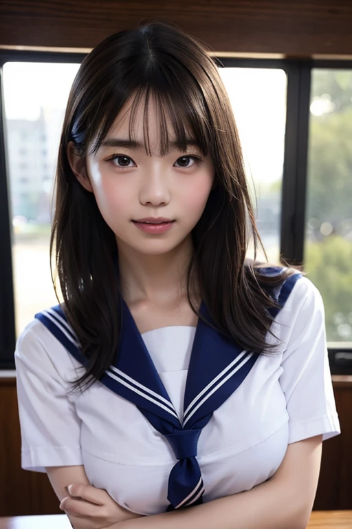 bangs,(Large Breasts:1.2),(Highest quality,masterpiece:1.2),One person,One person,alone,Fair skin,8k,Ultra-high resolution,Super detailed,Highest quality,View your viewers,Perfect lighting,flat light,super high quality,Ultra-high resolution,masterpiece,Realistic,Detailed face,Perfect Anatomy,School,school uniform、Various gravure poses、Slender body、Young face、smile、Sweating、Flushed Cheeks、whole body、Please wear a uniform.、Beautiful feet、Sailor suit、Please rest your chest on the desk.