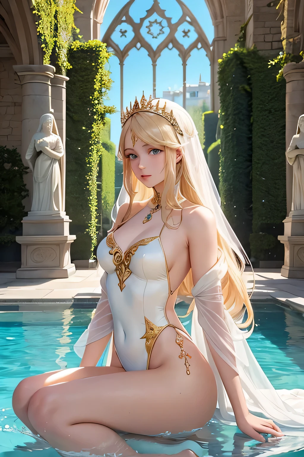 "In the grand courtyard of Albion's royal palace, Eleanor of Albion, a stunning princess with long blonde hair, swims gracefully in a crystal-clear pool. The pool is surrounded by gothic stone arches and lush greenery, reflecting the medieval architecture of Albion. Eleanor wears an elegant, white one-piece swimsuit adorned with gold embroidery that reflects the kingdom's noble heritage. The midday sun shines brightly, casting a warm glow over the scene and making the water sparkle like diamonds. Eleanor’s movements are fluid and graceful, embodying the regal poise expected of Albion’s royalty. The surrounding statues and stone carvings add to the sense of timeless beauty and sophistication."