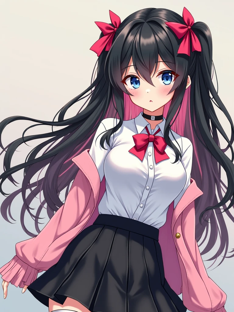 (16 year old beautiful girl),(colored inner hair black hair + pink inner hair)、Pink hair ribbon、Blue eyes、email、aanazuna, two side up, multicolored hair, choker, red bow, white shirt, pink jacket, open clothes, long sleeves, black skirt, pleated skirt, garter straps, white thighhighs、hanging breasts、unaligned breasts,beauty mark