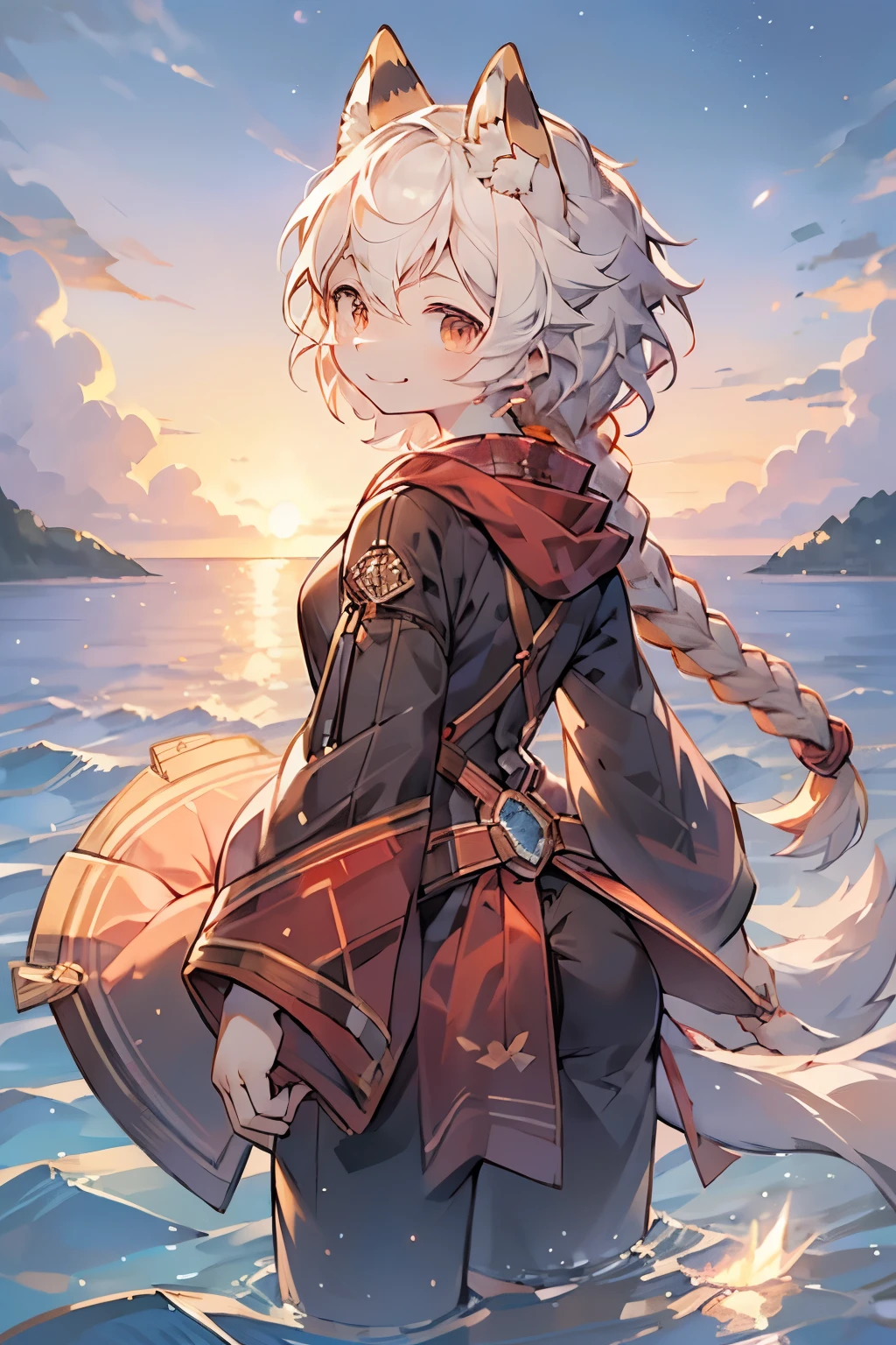 1 Girl, Solitary,Smile, Ocean滩,(Sunset:1.1), Akagi_return(denchi project), Solitary, Star Hair Accessories, Double braid,spark, From the back, look back, huge Sunset,Red floats, , night, Wave, Ocean