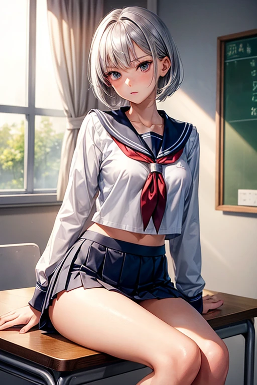 Sexy junior high school student White Hair ,mini skirt (table humping:1.5), (rubbing the crotch), (School_uniform), (Sailor_suit), classroom, ((Incontinence on the floor, Humiliated, A lot of pee))), ((Embarrassing)), Transparent pee dripping from between her legs, table,(Suggestive liquid:1.5),