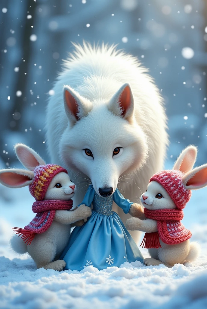 CARTOON two rabbits in winter clothes and a winter princess rescue a white wolf trapped in the snow in the middle of the storm