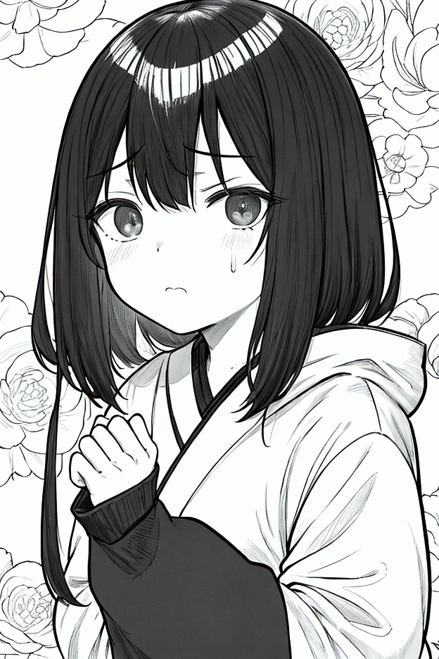 Wearing an oversized black hoodie、A young girl of  with black eyes and black bob hair。He is looking at me with cold, half-closed eyes, with narrow, slanting eyes that are slightly crossed, and a haughty expression of displeasure.。Japanese anime characters。The body is facing backwards。Only his face is looking back at us.。Highest quality。masterpiece。Manga style illustration。healthy。