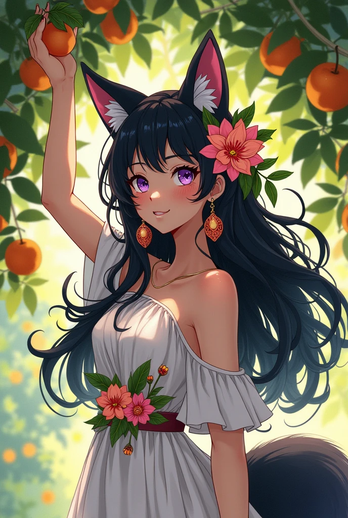 Manhwa oil painting, digital art, full-length view, dynamic pose, cinematic illustration, hyper-realistic, super detailed, including semi-animated realism illustrations and digital art, with detailed and exquisite images. A young woman with long messy black hair, purple eyes, light skin, with flowers in her hair, Greek tunic with flower print, big earrings, gray fox ears on her head, gray fox tail, dynamic pose taking a fruit from a tree with a flirtatious smile