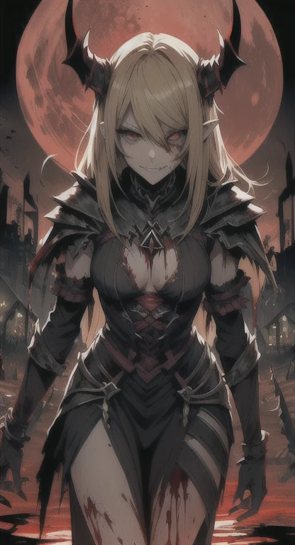 Ancient  era, armored, blonde, red eyes, demon Lord Hylia , blood everywhere, bloodmoon princess drenched in blood, looking at viewer psychotically, creepy smirk, Sharp claws, covered in blood, Side view, destroyed village, cursed Triforce, fortress ruins,