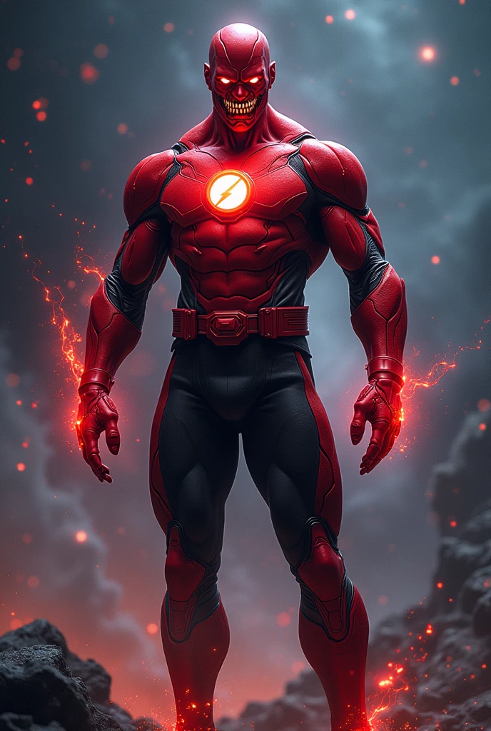 Male, wide shoulders, red skin, glowing eyes, shark-like teeth, jaw armor, red tech armor, black pants, lantern symbol, red boots and gloves, aura, space background