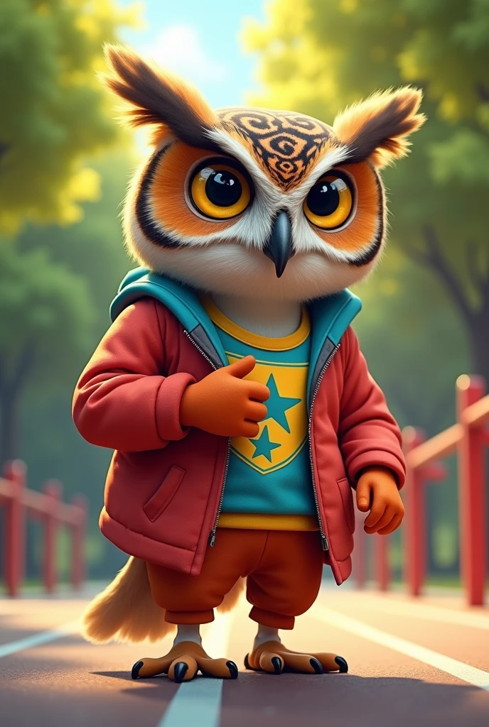 Realistic female owl dressed as a PE teacher and wearing and showing a gloves showing full body