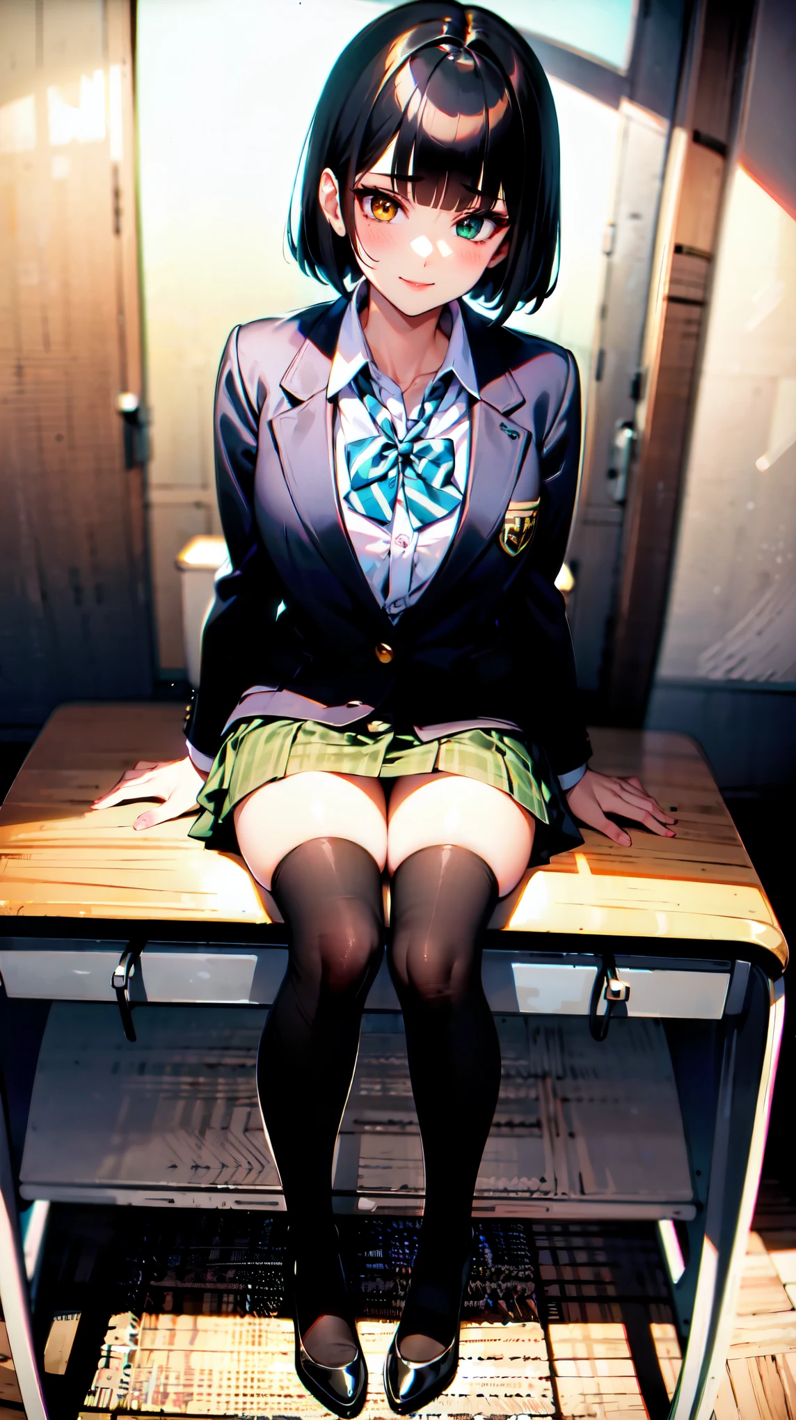 （（super high quality,Ultra-high resolution,4K,8k,super masterpiece,Ultra HD ,Detailed shading））,Full body photo,Morning Classroom,One high school girl,Blue-green blazer,White dress shirt unbuttoned to the second button,A bright yellow striped bow tie,Brown plaid mini skirt,Black tights,Long black straight hair,Sweep the bangs heavily to the left,Orange and green heterochromia,Sharp eyes with raised,smile,blush,Sit on a desk,