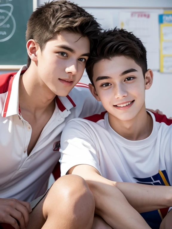 Young boys, groping each other, swim wear, topless, smile, armpit, slender, short hair, Real human skin, (Cinema Lighting), at night, in pool, sweaty skin