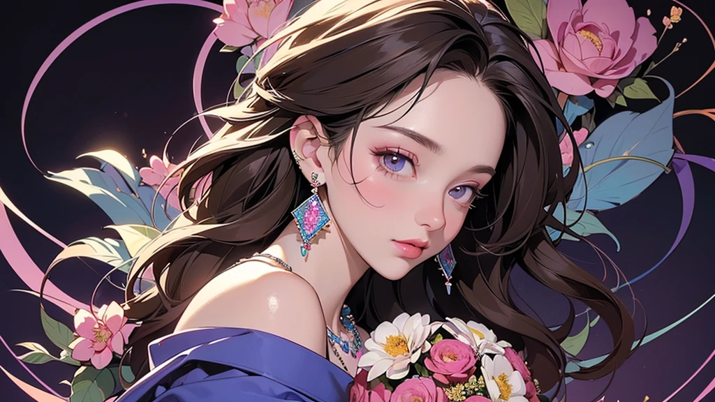 32K, 最高quality, 最高masterpiece, (ultra-Detailed Background, Detailed Background), High resolution, Super detailed, Very detailedな, 1 personの, (bouquet:1.3), (Tangled:1.2), (Geometric:1.2),(colorful),(masterpiece, quality, best quality, Official Art, Beautiful and beautiful:1.2), (1 person:1.3), Very detailed,(colorful:1.1)(Flowers:1.3),Most detailed,(Tangled:1.2), whole body, (Abstract background:1.3), (Skin glows), (Many colors:1.4), ,(Earrings Jewelry:1.5), Pale purple background, It's imaginative., Brown Hair, Half Up,