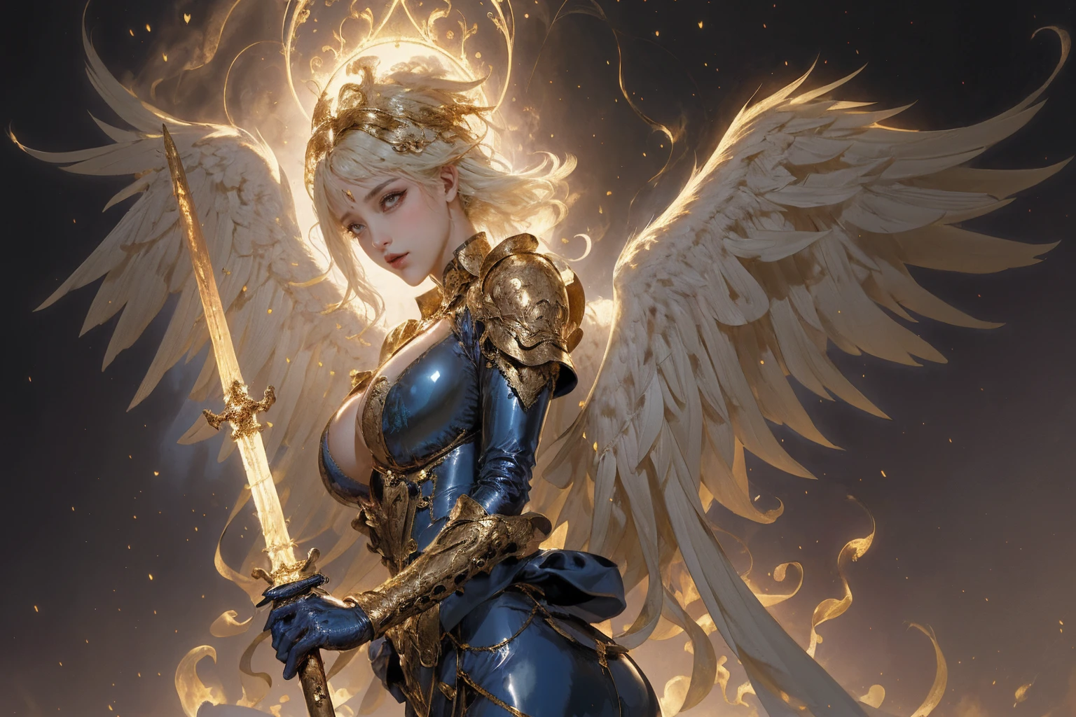 angel,behind him is golden meteor magic surrounding his body, Gothic style, gorgeous golden armor, huge flame great sword, film shooting, depth of field, Super visual, Super visual ,
bare shoulder, Huge angel wings,Portraiture、(masterpiece,Highest quality,Ultra-high resolution),Japanese women, (((Very beautiful 25 year old girl))),(Bright blue latex maid outfit)、((Bright blue latex long skirt))、(A bright blue long-sleeved latex shirt covering the upper body)、Bright blue latex gloves、Bright blue latex socks、Bright blue latex bodysuit、Frills、The clothes fit snugly to the body、Latex is very shiny、Dark Room、